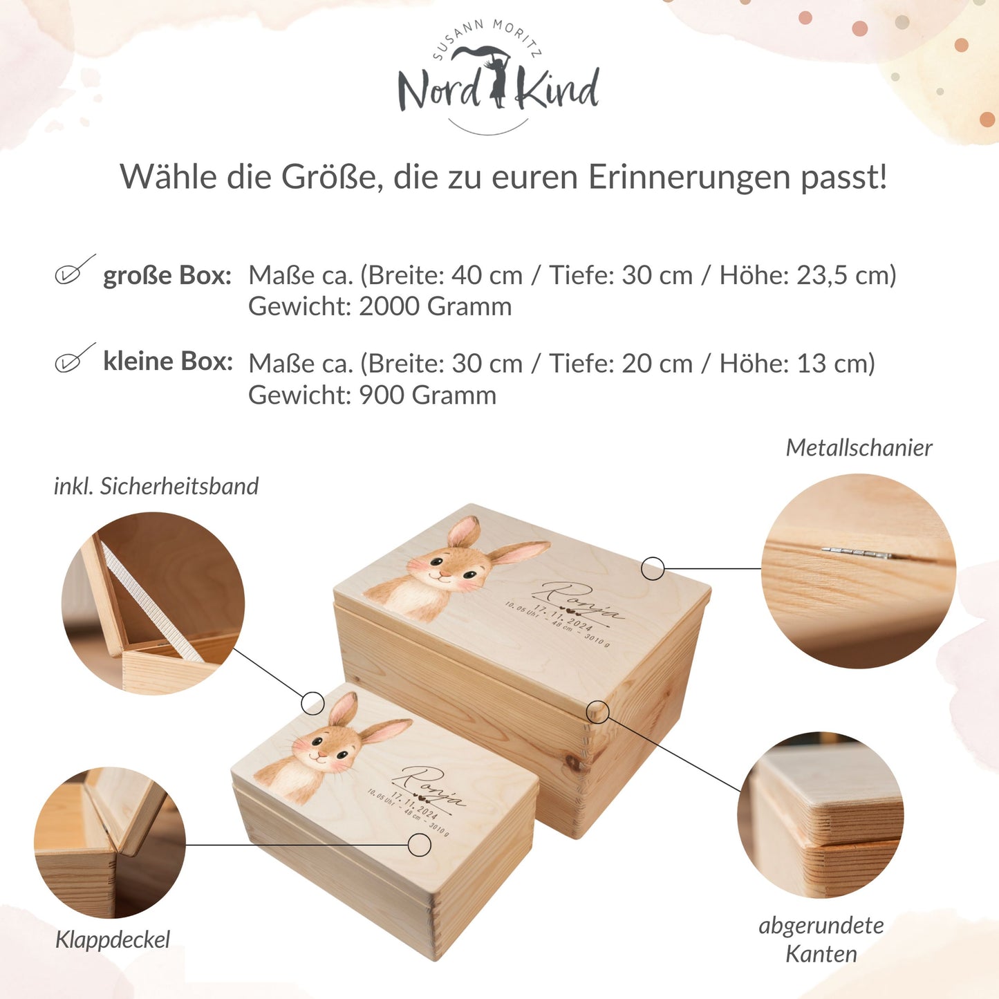 Größenübersicht der personalisierten Erinnerungsbox Baby aus Holz