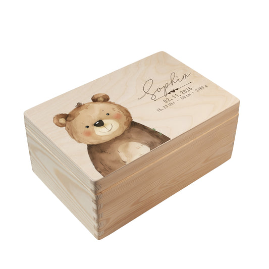 Personalisierte Erinnerungsbox Baby aus Holz mit Waldtiermotiv Bär 1