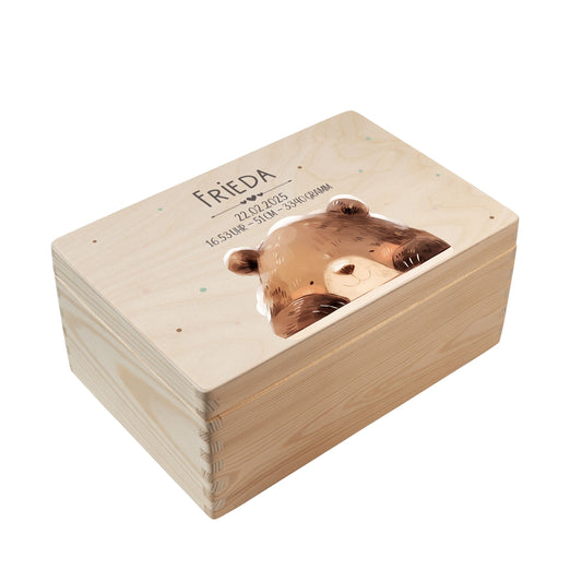 Personalisierte Erinnerungsbox Baby aus Holz mit Waldtiermotiv Bär 2
