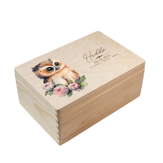 Personalisierte Erinnerungsbox Baby aus Holz mit Waldtiermotiv Eule 1