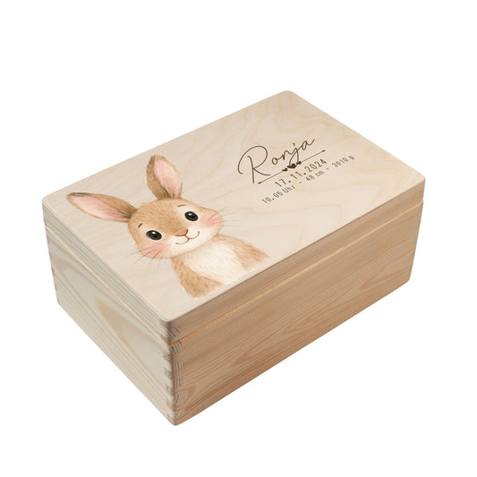 Personalisierte Erinnerungsbox Baby aus Holz mit Waldtiermotiv Hase 4