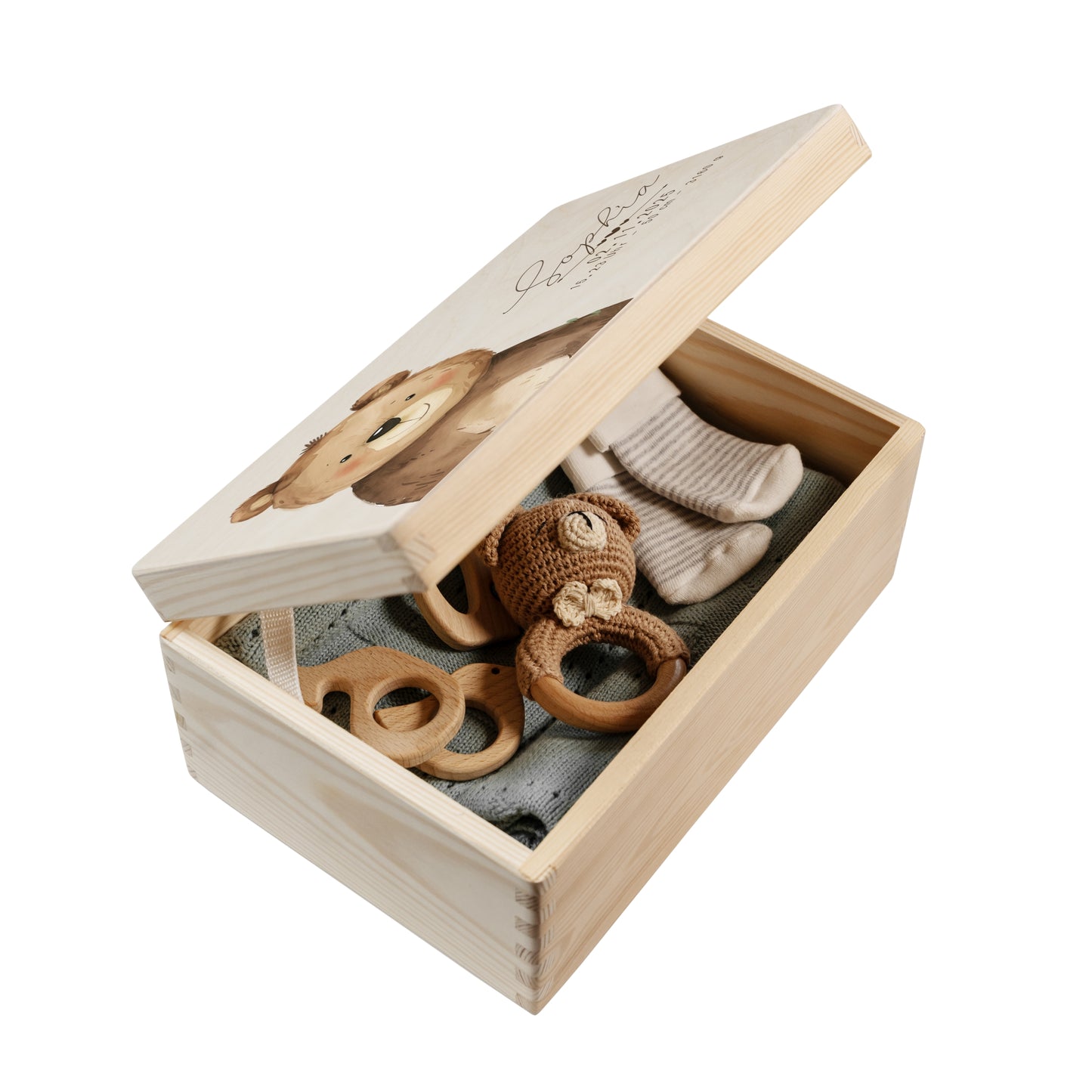 Geöffnete personalisierte Erinnerungsbox Baby aus Holz mit Waldtiermotiv Bär