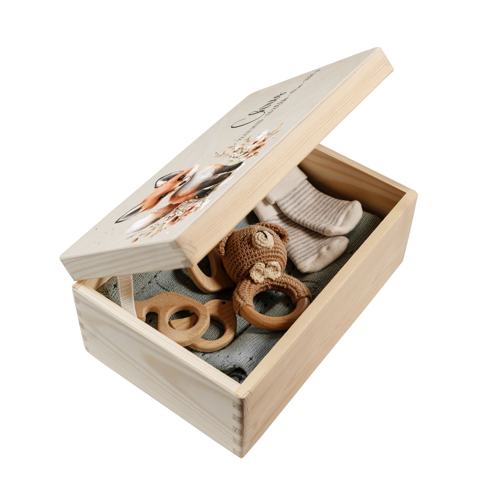 Geöffnete personalisierte Erinnerungsbox Baby aus Holz mit Waldtiermotiv Fuchs