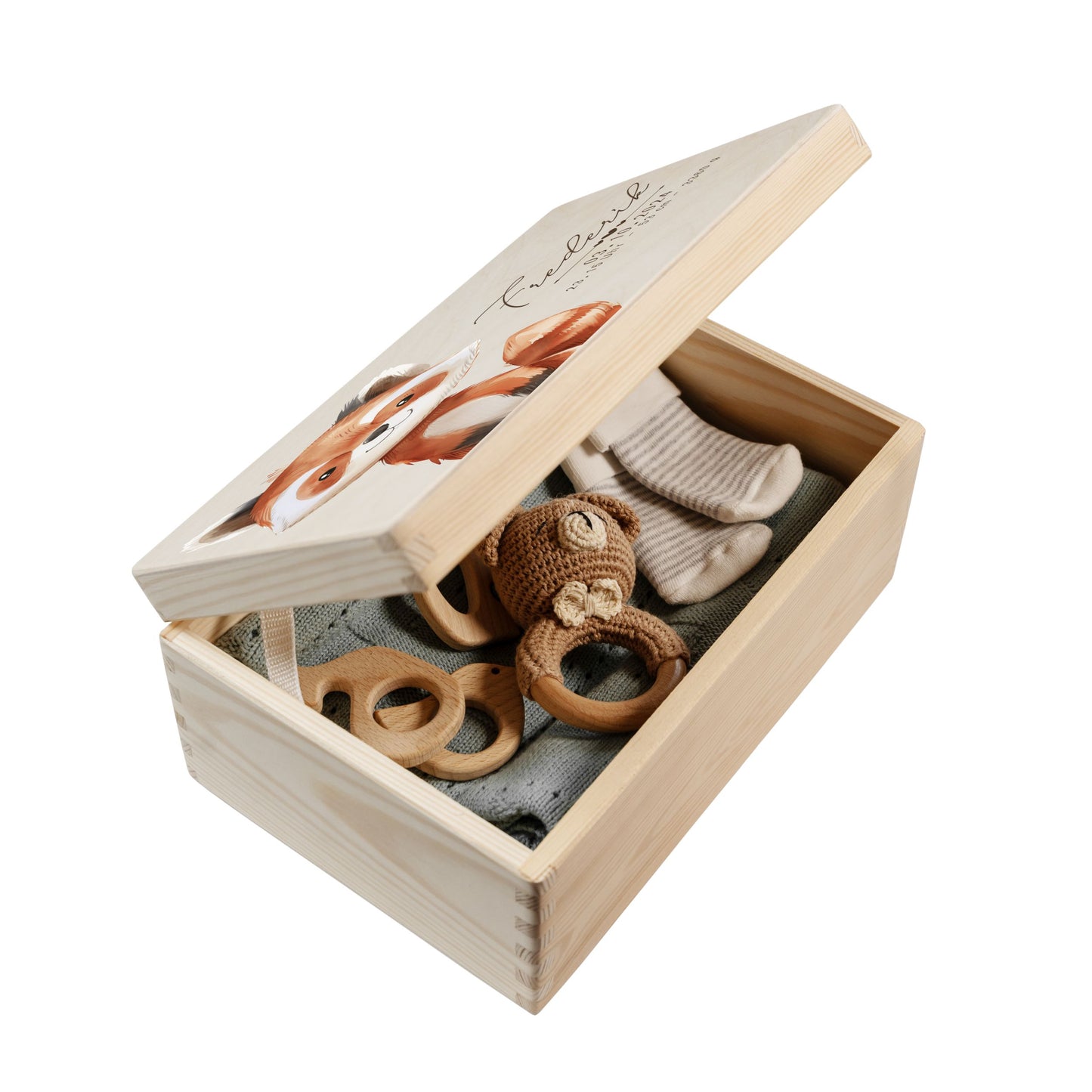 Geöffnete personalisierte Erinnerungsbox Baby aus Holz mit Waldtiermotiv Fuchs
