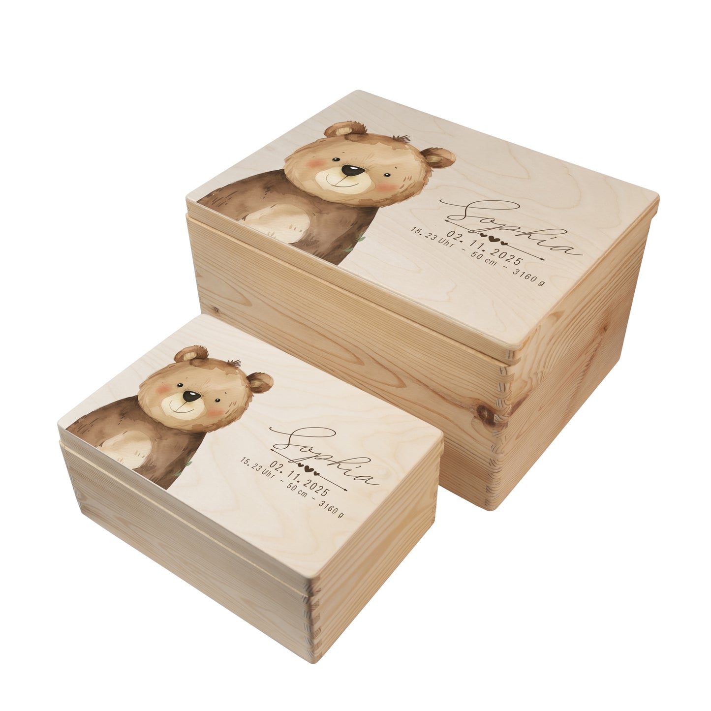Personalisierte Erinnerungsbox Baby aus Holz in zwei Größen mit Waldtiermotiv Bär