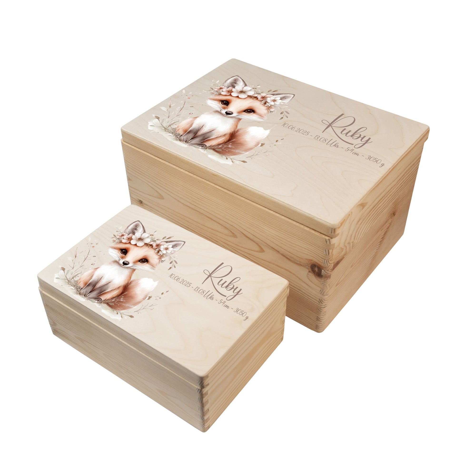 Personalisierte Erinnerungsbox Baby aus Holz in zwei Größen mit Waldtiermotiv Fuchs 2