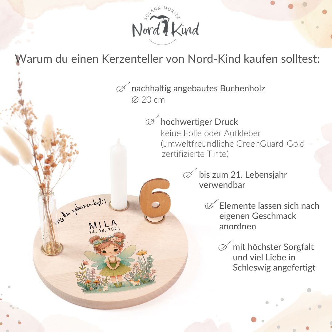 personalisierter Kerzenteller mit Kerze, Vase und Zahlen (Fee 5)