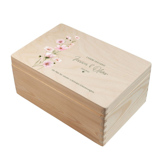 Personalisierte Erinnerungsbox Hochzeit aus Holz im Motiv Blütenliebe 1 mit Namen und Hochzeitsdatum