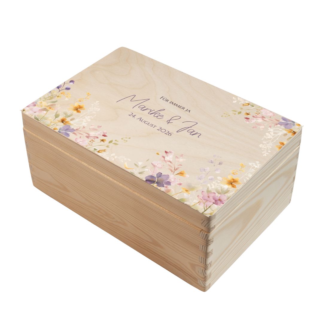 Personalisierte Erinnerungsbox Hochzeit aus Holz im Motiv Blumenwiese 3 mit Namen und Hochzeitsdatum