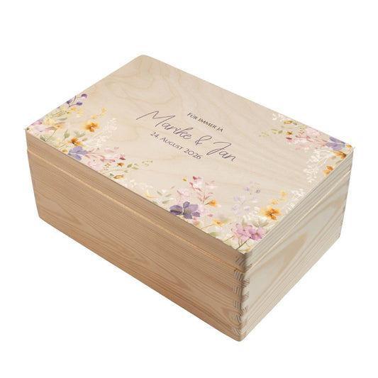 Personalisierte Erinnerungsbox Hochzeit aus Holz im Motiv Blumenwiese 3 mit Namen und Hochzeitsdatum