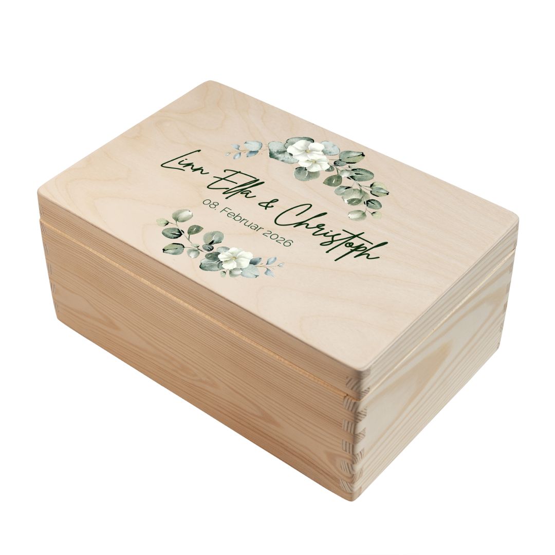 Personalisierte Erinnerungsbox Hochzeit aus Holz im Motiv Eukalyptus 1 mit Namen und Hochzeitsdatum
