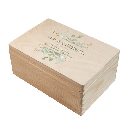 Personalisierte Erinnerungsbox Hochzeit aus Holz im Motiv Eukalyptus 2 mit Namen und Hochzeitsdatum