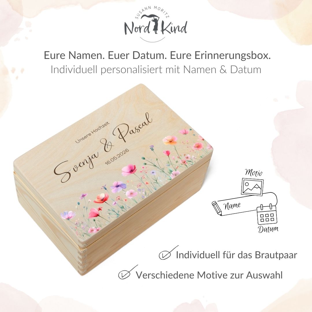 Erinnerungsbox Hochzeit personalisiert mit den Namen des Brautpaares und Hochzeitsdatum