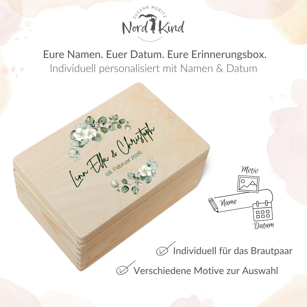 Erinnerungsbox Hochzeit Eukalyptus 1 personalisiert mit Namen des Brautpaares und Datum