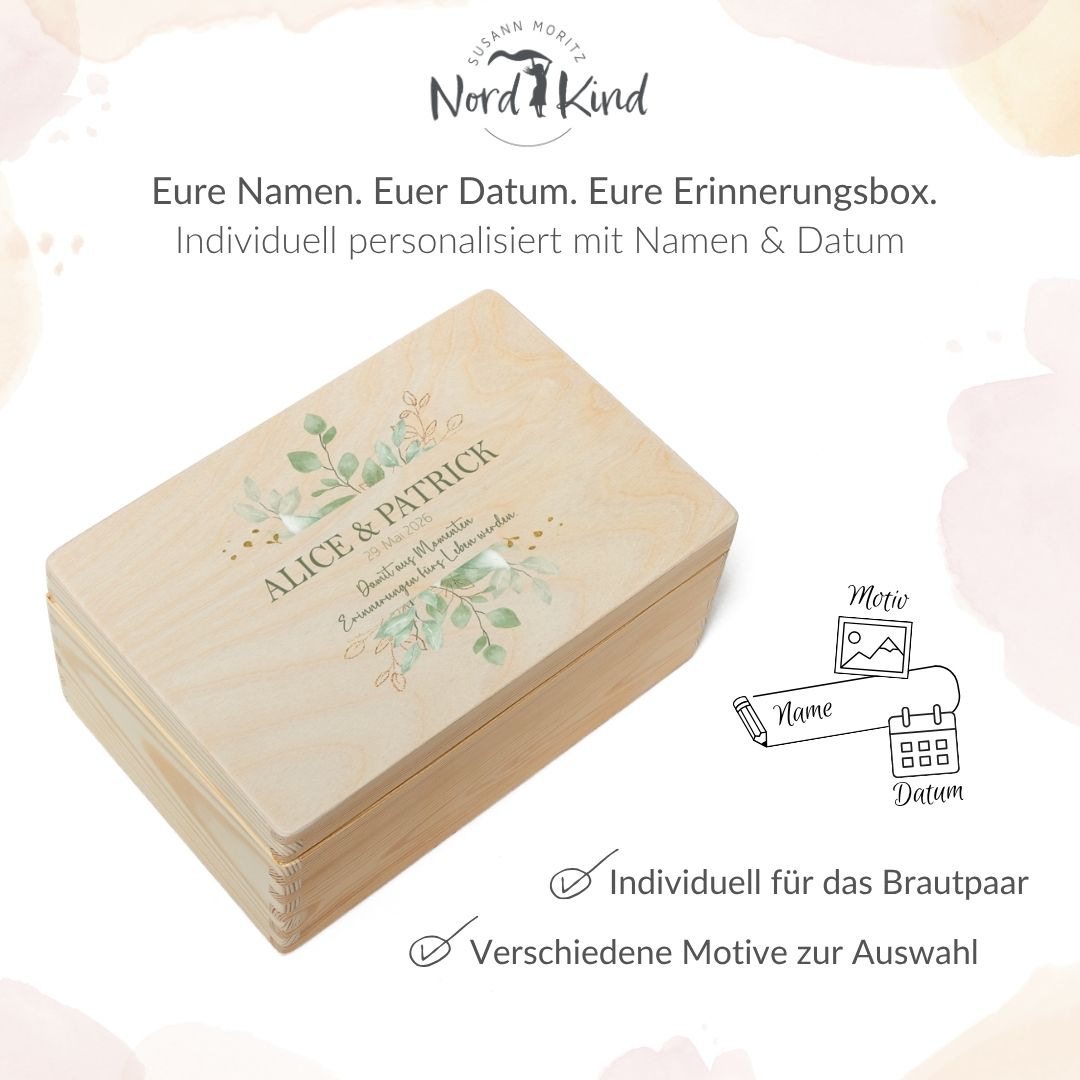 Erinnerungsbox Hochzeit Eukalyptus 2 personalisiert mit Namen des Brautpaares und Datum