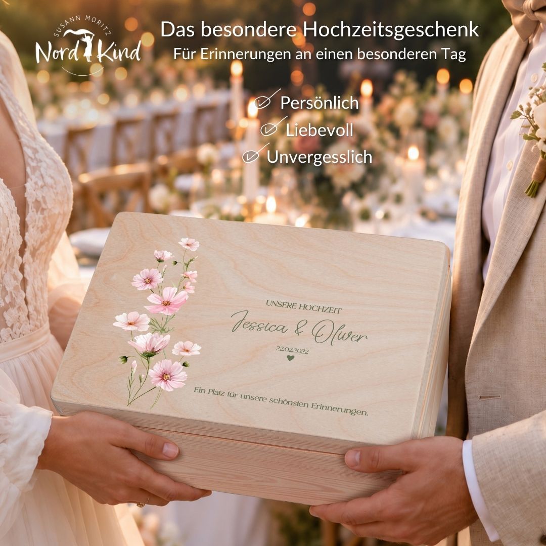 Personalisierte Erinnerungsbox aus Holz als besonderes Hochzeitsgeschenk für ein Brautpaar