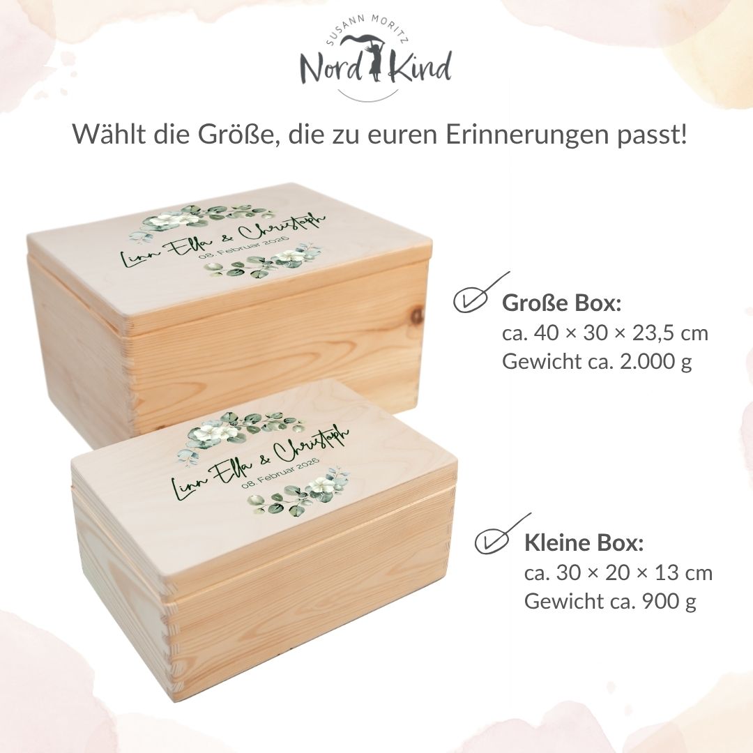 Erinnerungsbox Hochzeit Eukalyptus 1 aus Holz in zwei Größen