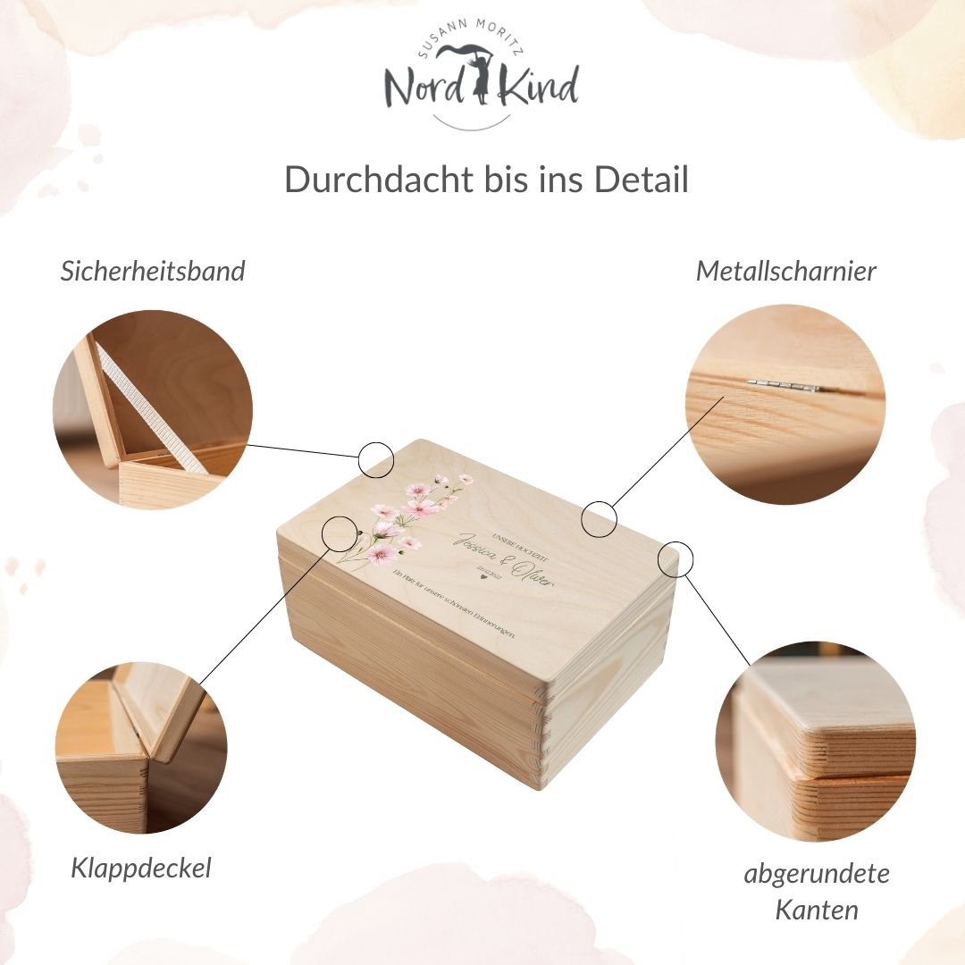 Details der Holz Erinnerungsbox Hochzeit mit Klappdeckel Metallscharnieren und abgerundeten Kanten