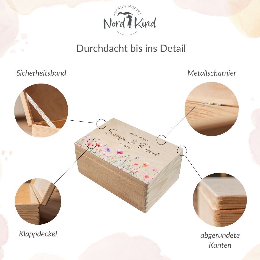 Erinnerungsbox aus Holz mit Klappdeckel, Metallscharnier, Sicherheitsband und abgerundeten Kanten