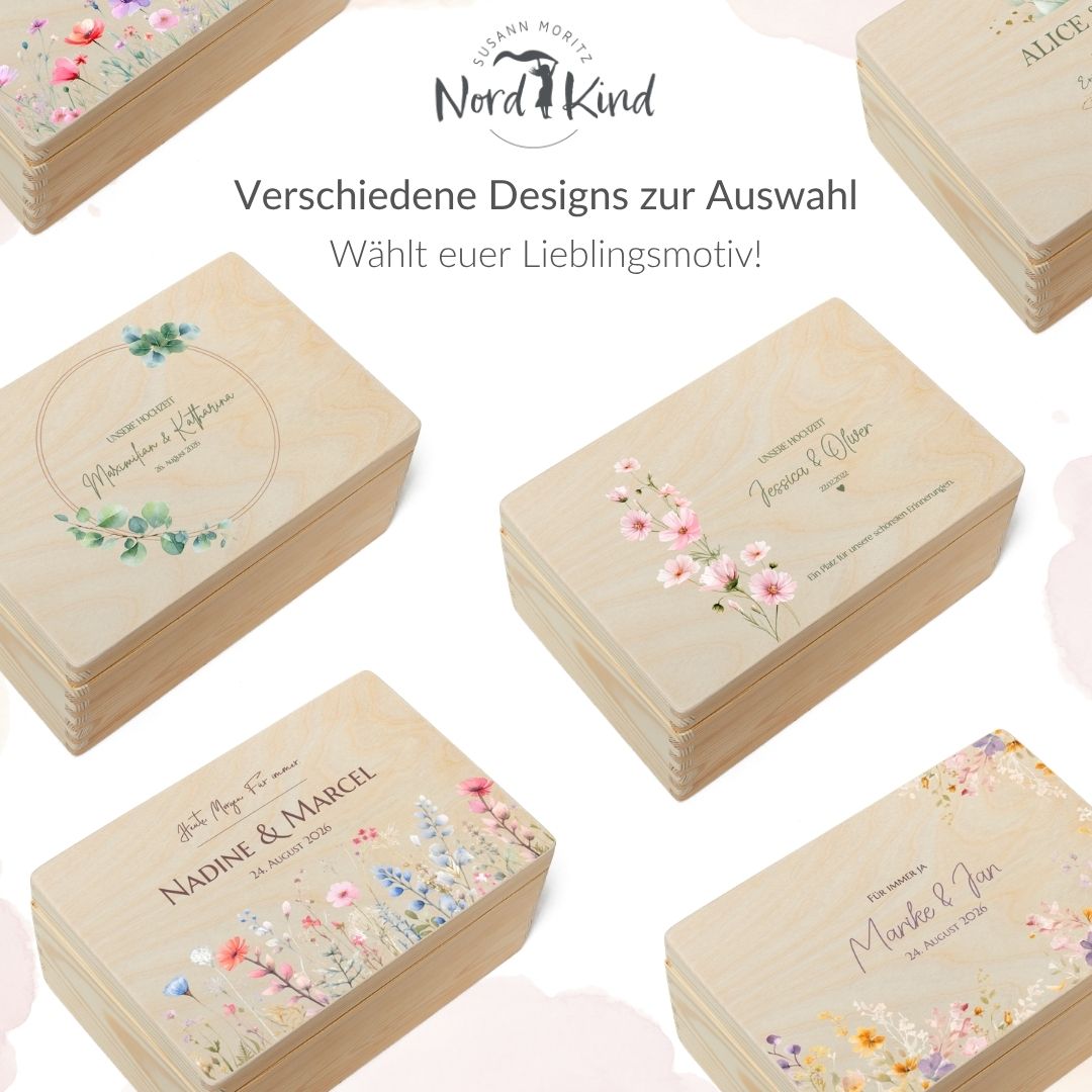 Verschiedene Designs personalisierter Erinnerungsboxen als Geschenk zur Hochzeit