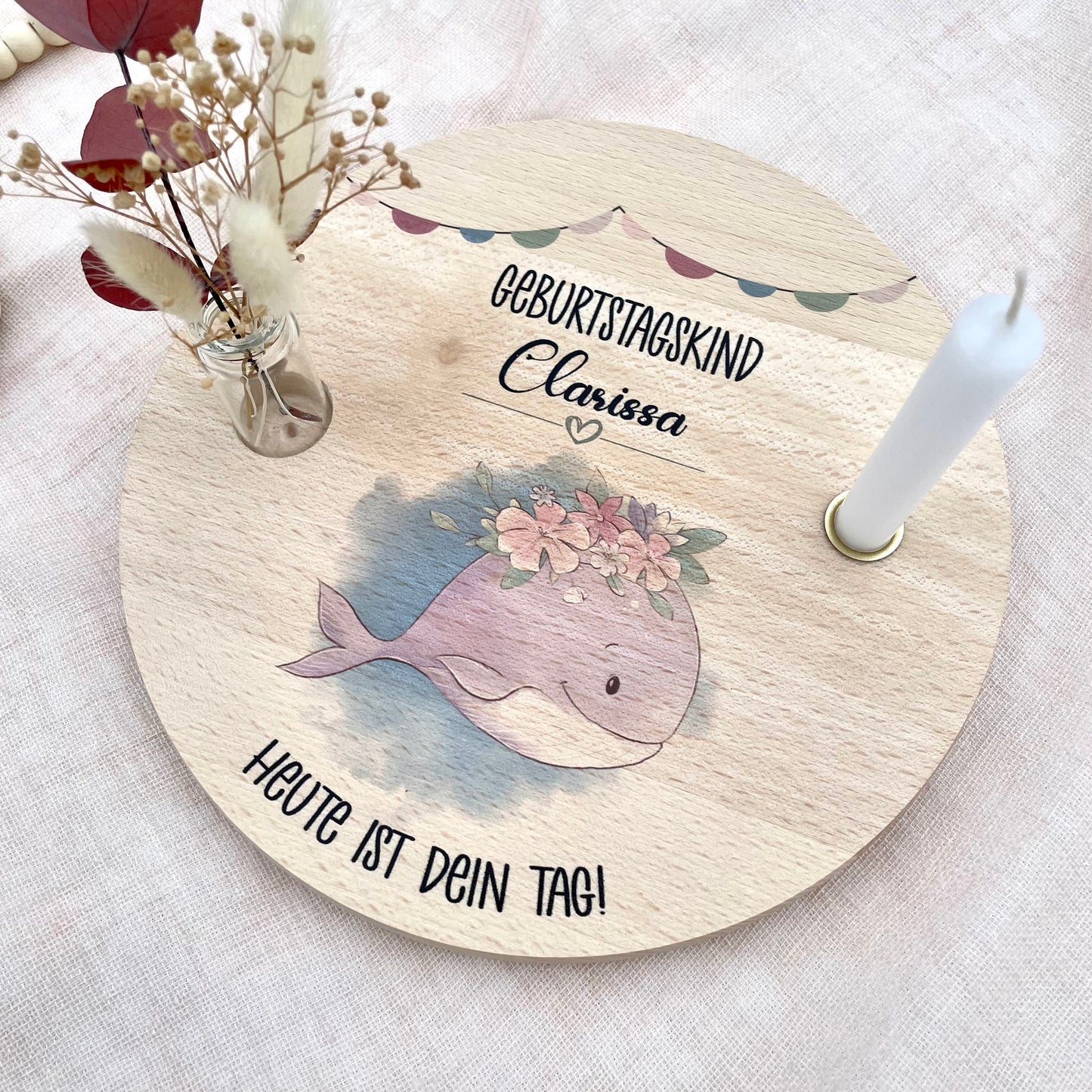 Kerzenteller Orca Mädchen mit Blumenkranz und Spruch Heute ist dein Tag! personalisierbar mit Namen