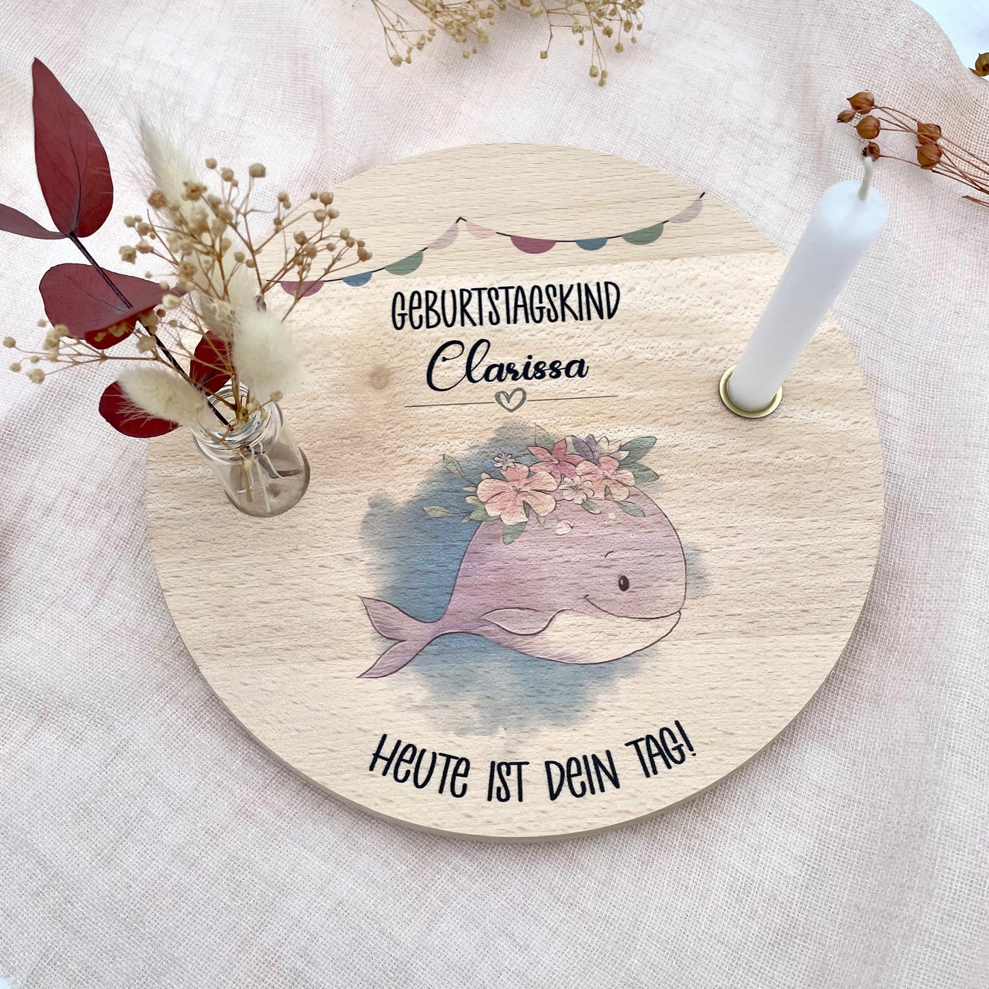 Kerzenteller Orca Mädchen mit Blumenkranz und Spruch Heute ist dein Tag! personalisierbar mit Namen