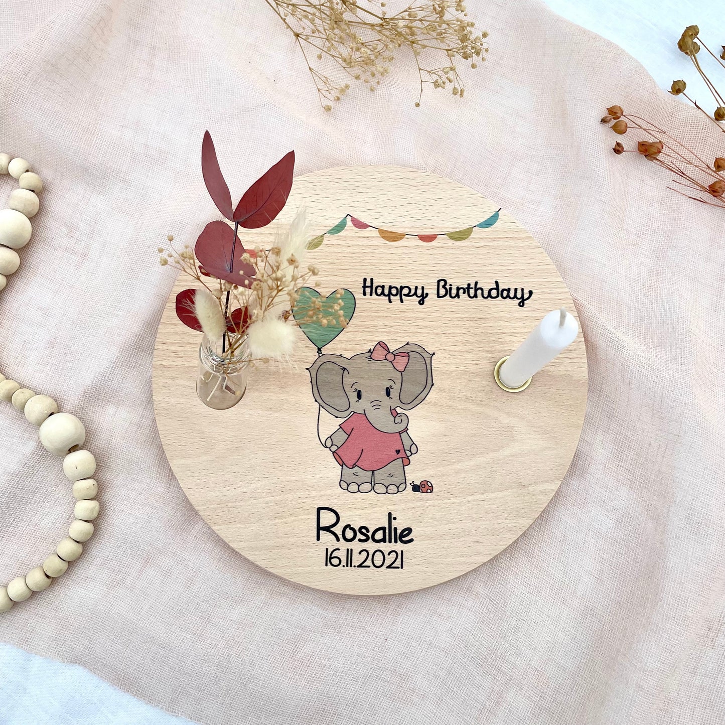 Kerzenteller Elefant Mädchen mit Luftballon und Spruch Happy Birthday personalisierbar mit Namen