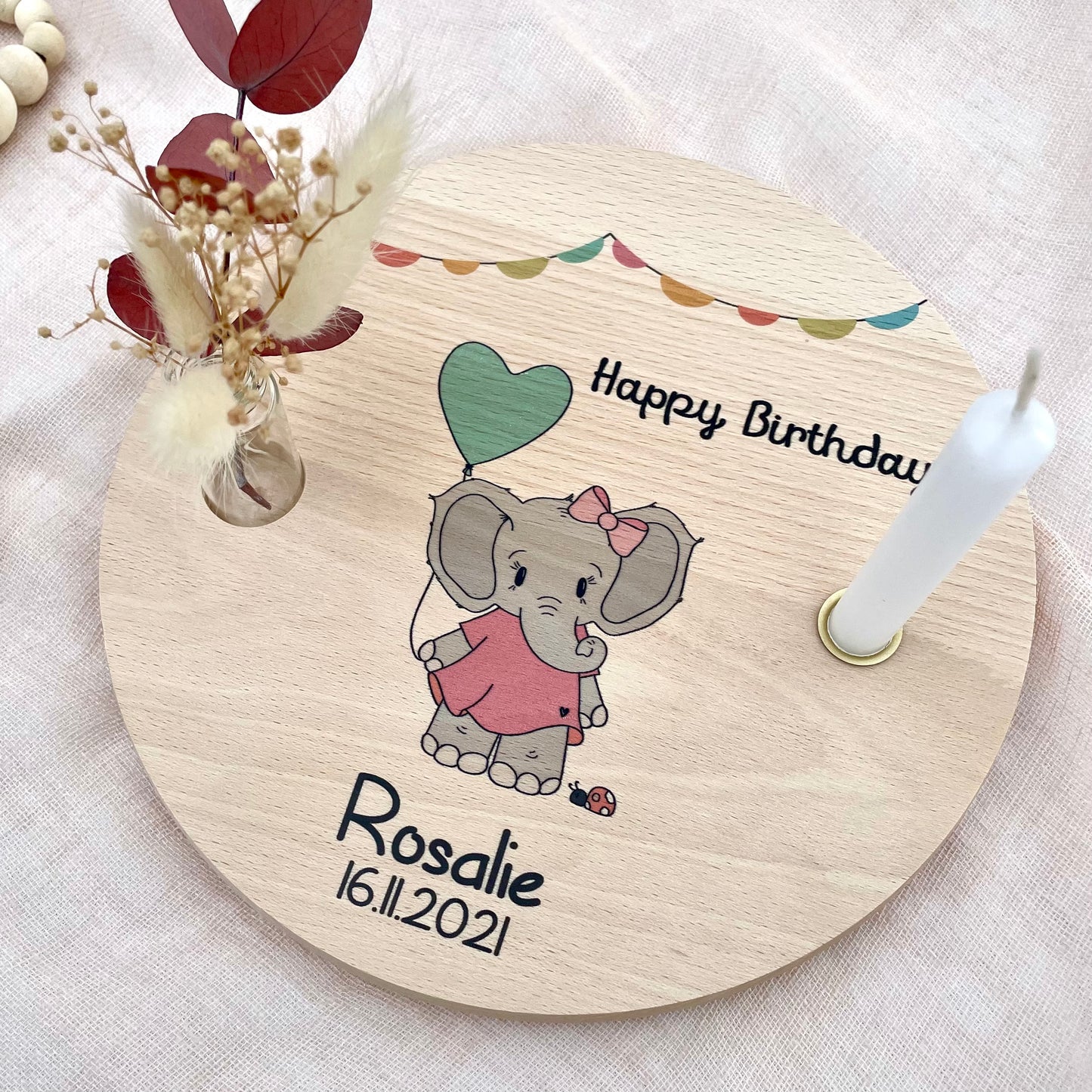 Kerzenteller Elefant Mädchen mit Luftballon und Spruch Happy Birthday personalisierbar mit Namen