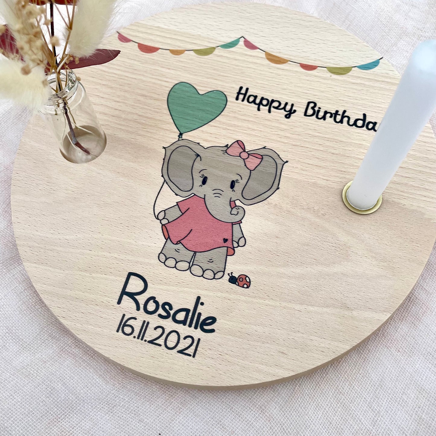 Kerzenteller Elefant Mädchen mit Luftballon und Spruch Happy Birthday personalisierbar mit Namen