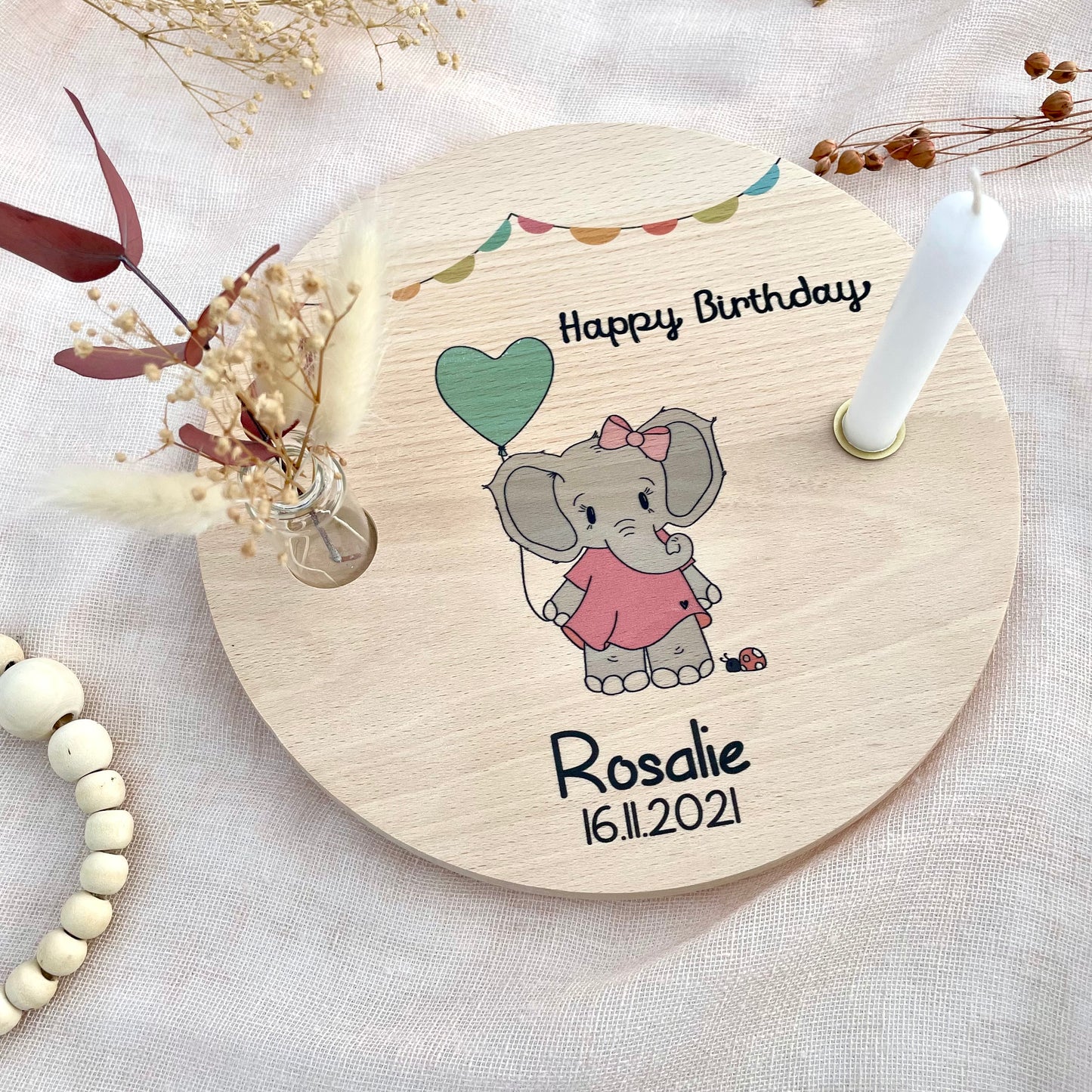 Kerzenteller Elefant Mädchen mit Luftballon und Spruch Happy Birthday personalisierbar mit Namen