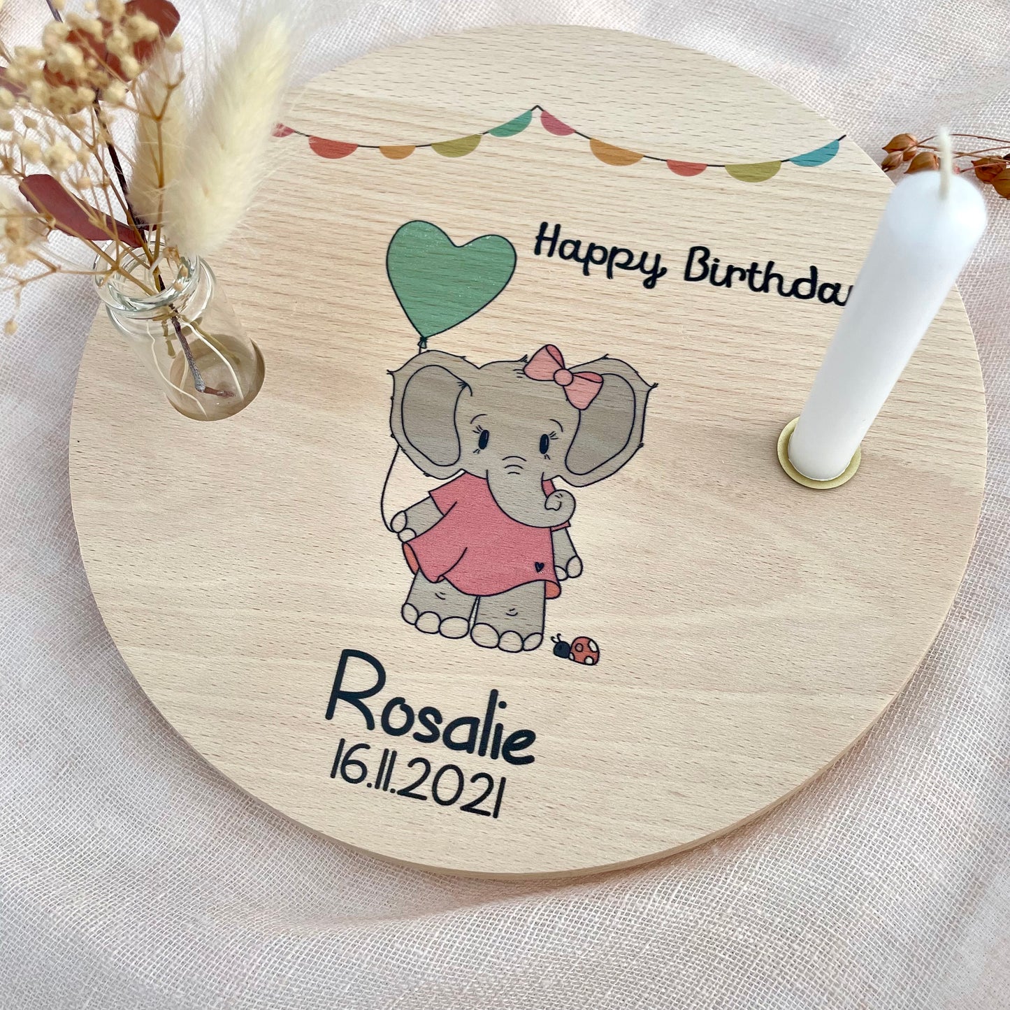 Kerzenteller Elefant Mädchen mit Luftballon und Spruch Happy Birthday personalisierbar mit Namen