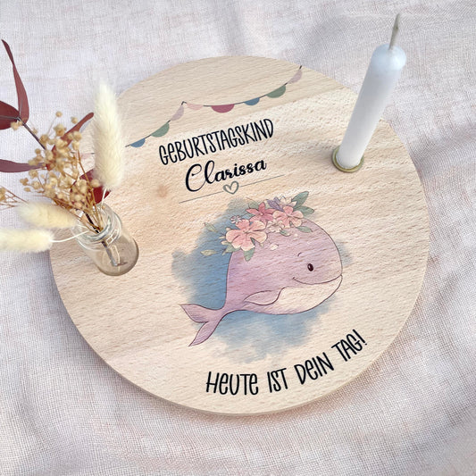 Kerzenteller Orca Mädchen mit Blumenkranz und Spruch Heute ist dein Tag! personalisierbar mit Namen