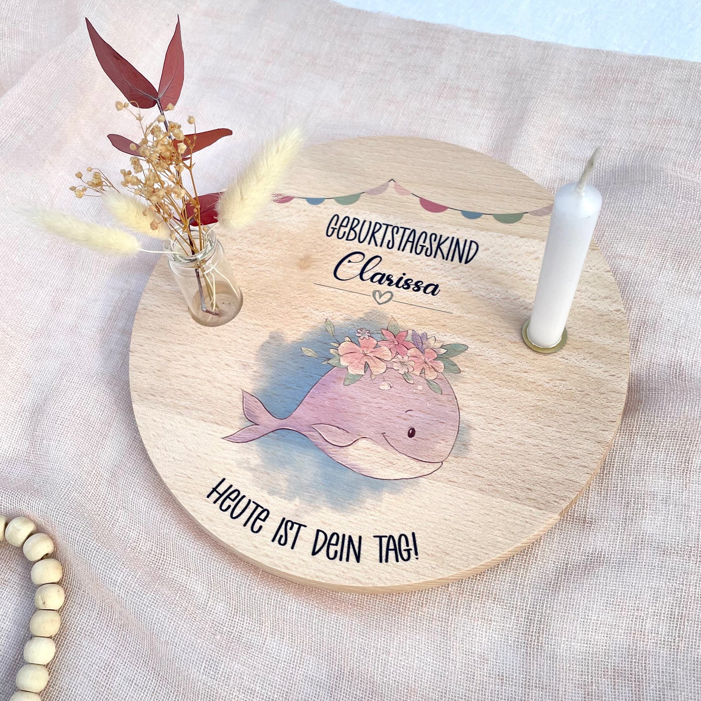 Kerzenteller Orca Mädchen mit Blumenkranz und Spruch Heute ist dein Tag! personalisierbar mit Namen