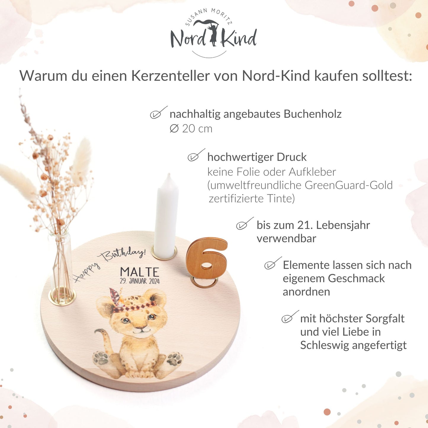 personalisierter Kerzenteller mit Kerze, Vase und Zahlen (Löwe 1)