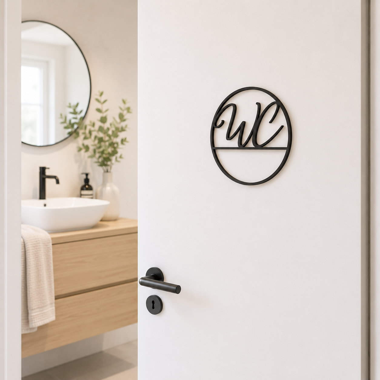 WC Schild aus Holz in Schwarz an Badezimmertür Detailaufnahme