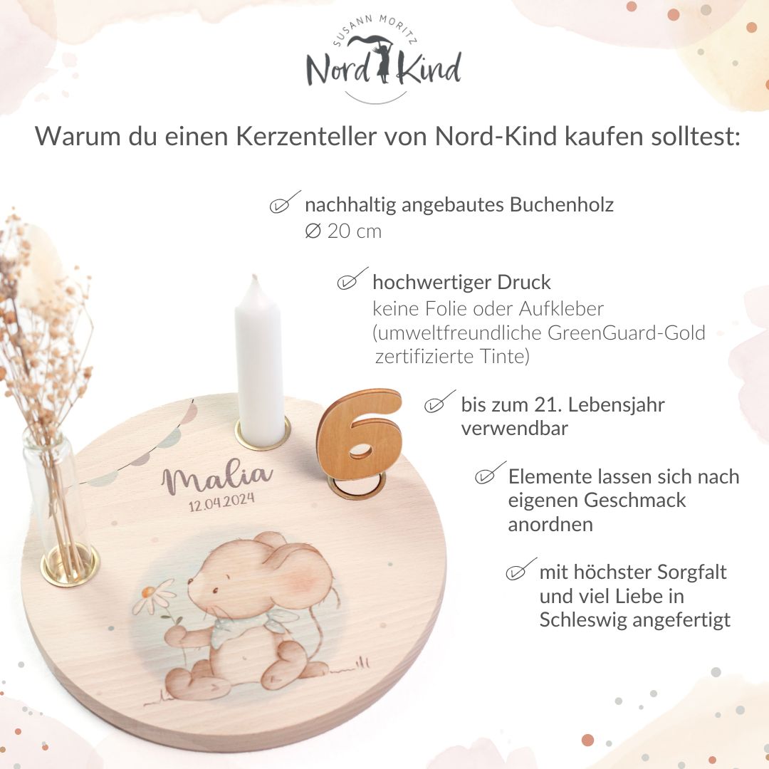 personalisierter Kerzenteller mit Kerze, Vase und Zahlen (Maus)