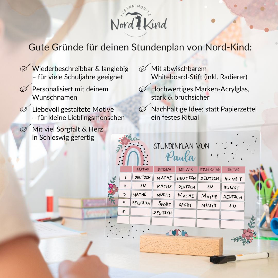 Stundenplan aus Acryl – personalisiert mit Namen (Regenbogen 1)