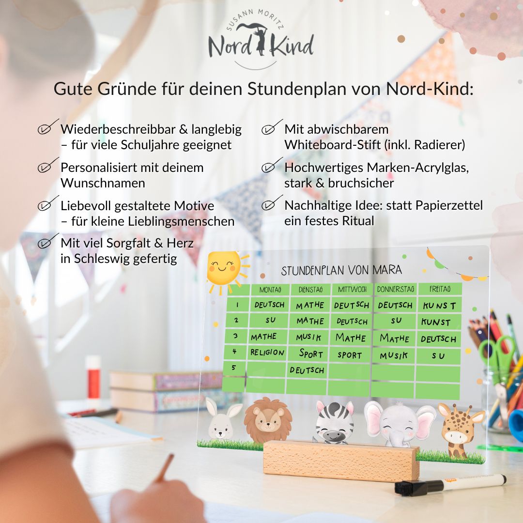 Stundenplan aus Acryl – personalisiert mit Namen (Tiere 1)