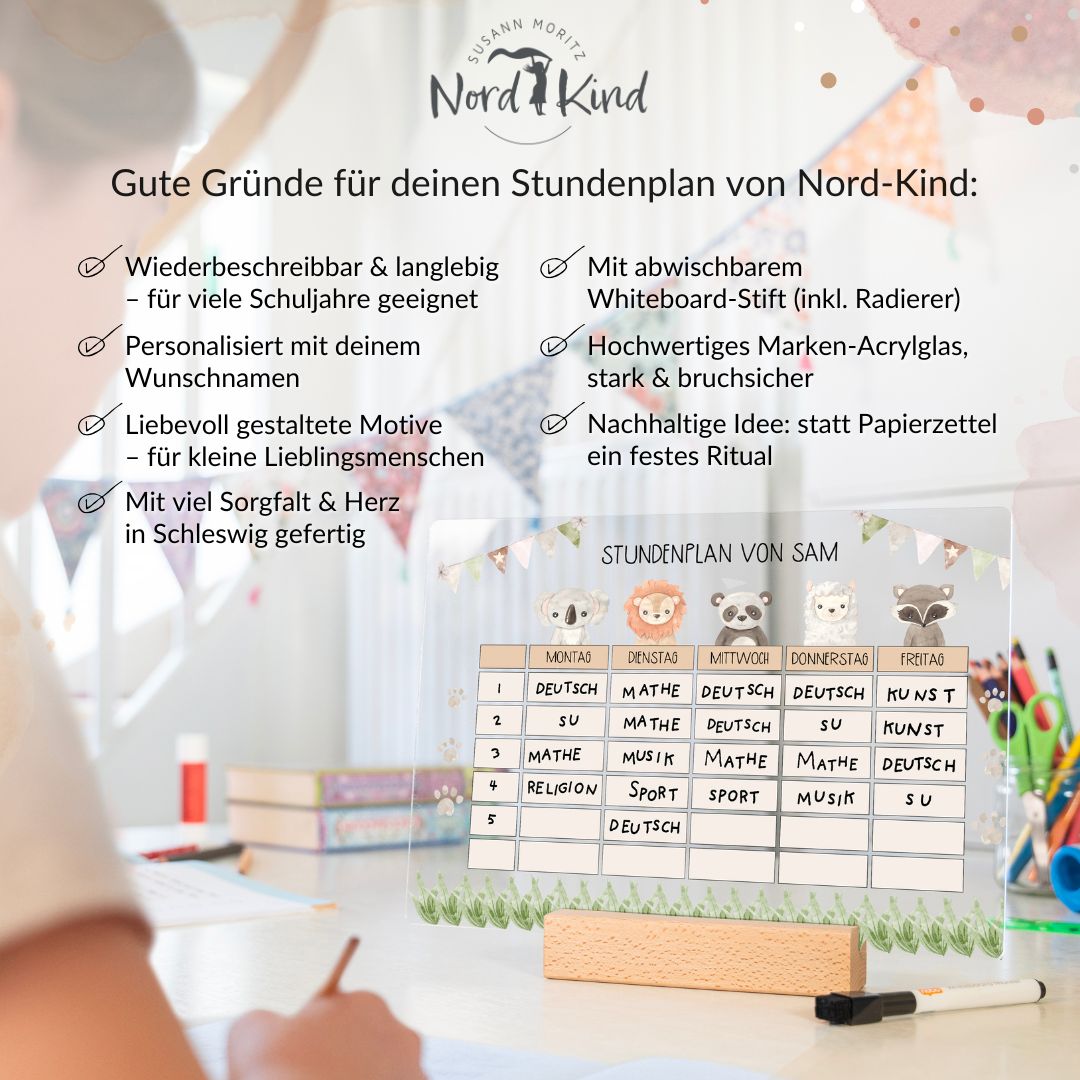 Stundenplan aus Acryl – personalisiert mit Namen (Tiere 2)