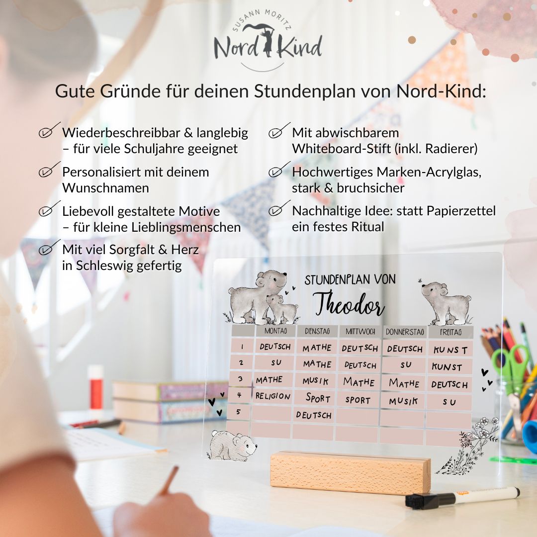 Stundenplan aus Acryl – personalisiert mit Namen (Bär 1)