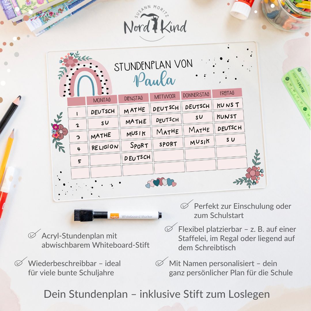 Stundenplan aus Acryl – personalisiert mit Namen (Regenbogen 1)