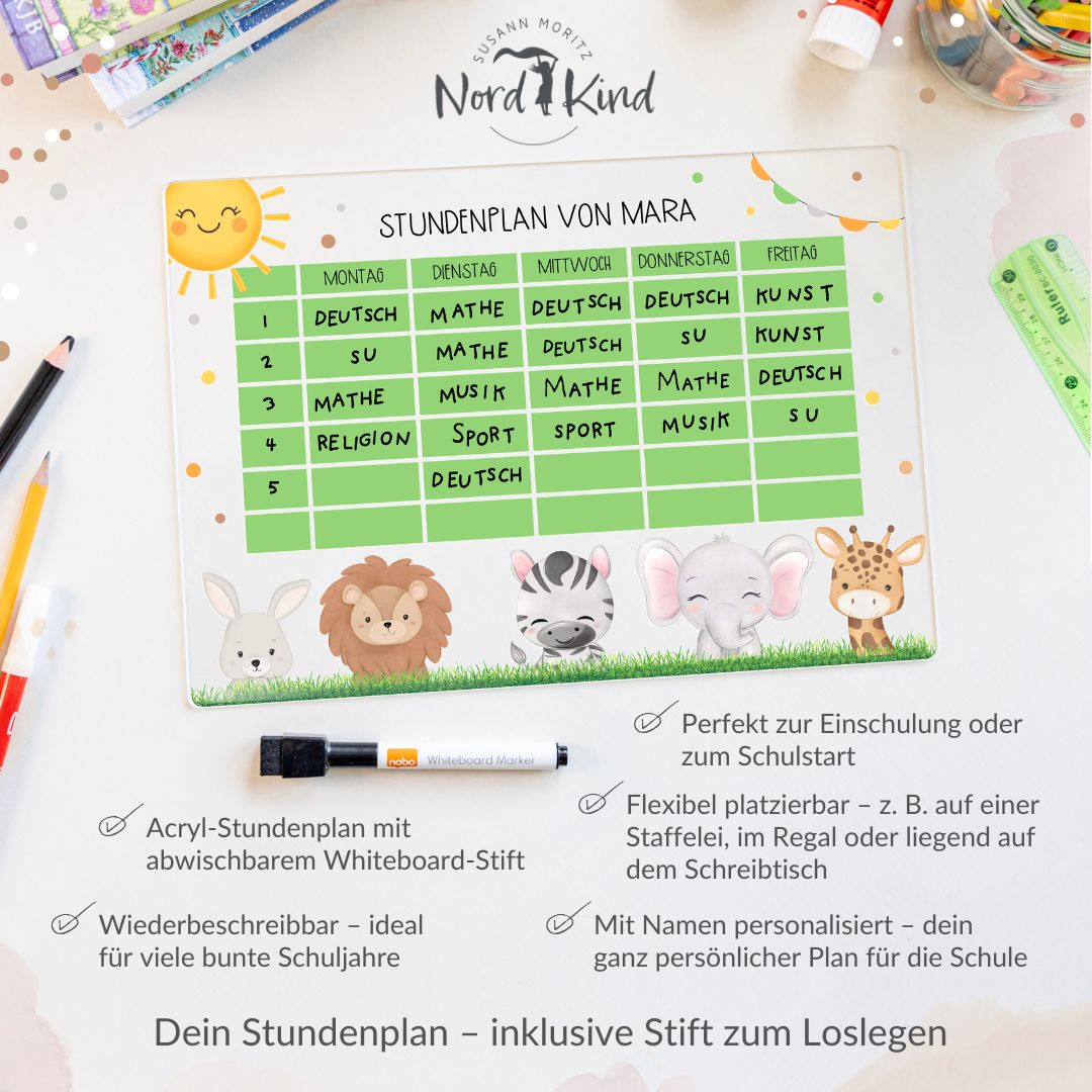 Stundenplan aus Acryl – personalisiert mit Namen (Tiere 1)