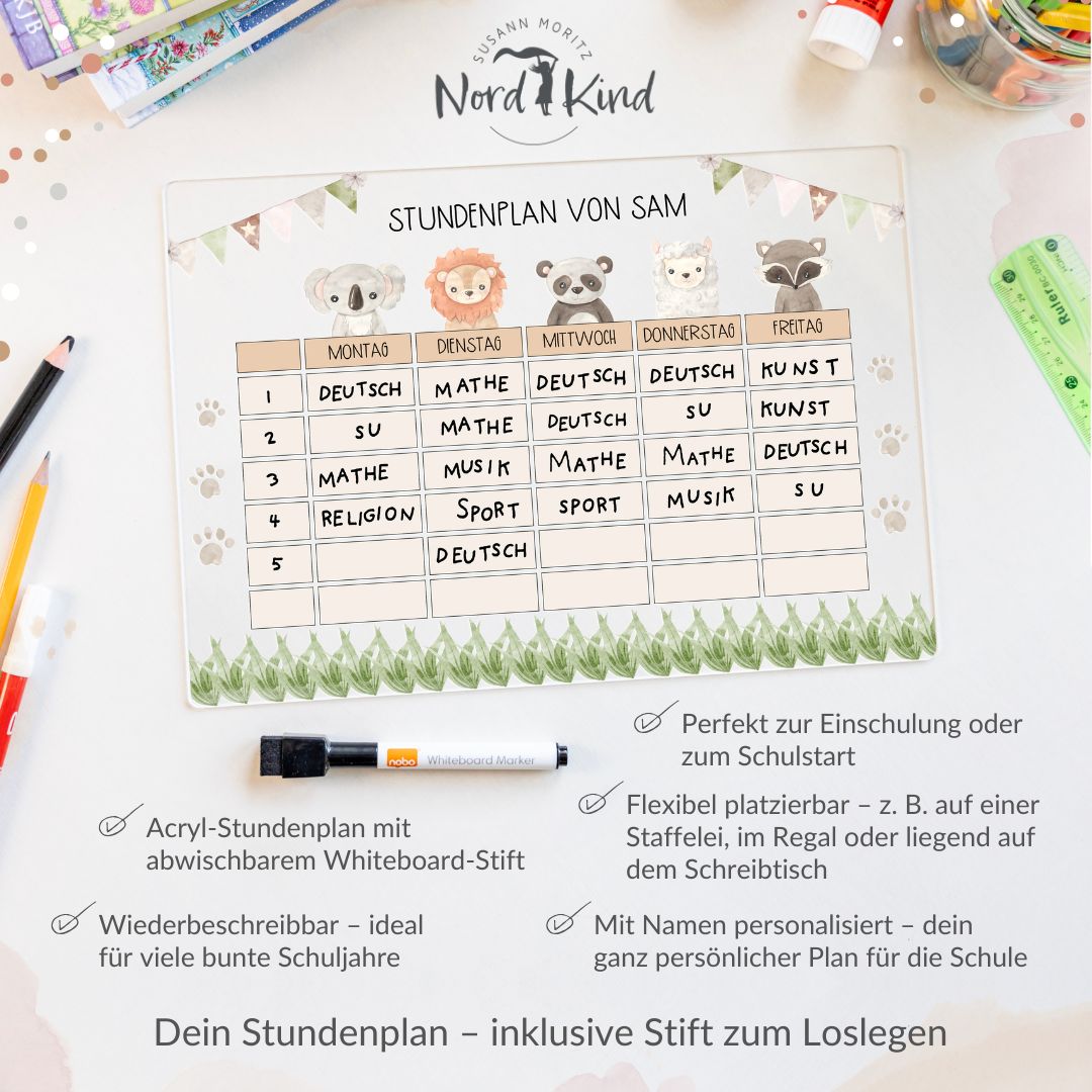 Stundenplan aus Acryl – personalisiert mit Namen (Tiere 2)