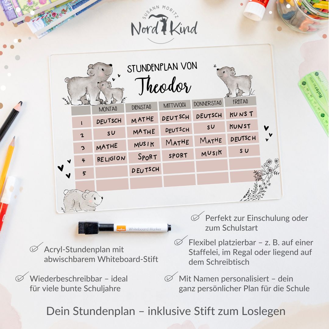 Stundenplan aus Acryl – personalisiert mit Namen (Bär 1)