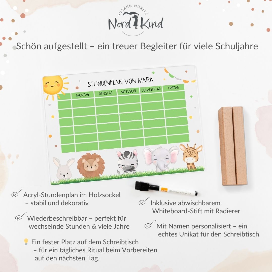 Stundenplan aus Acryl – personalisiert mit Namen (Tiere 1)