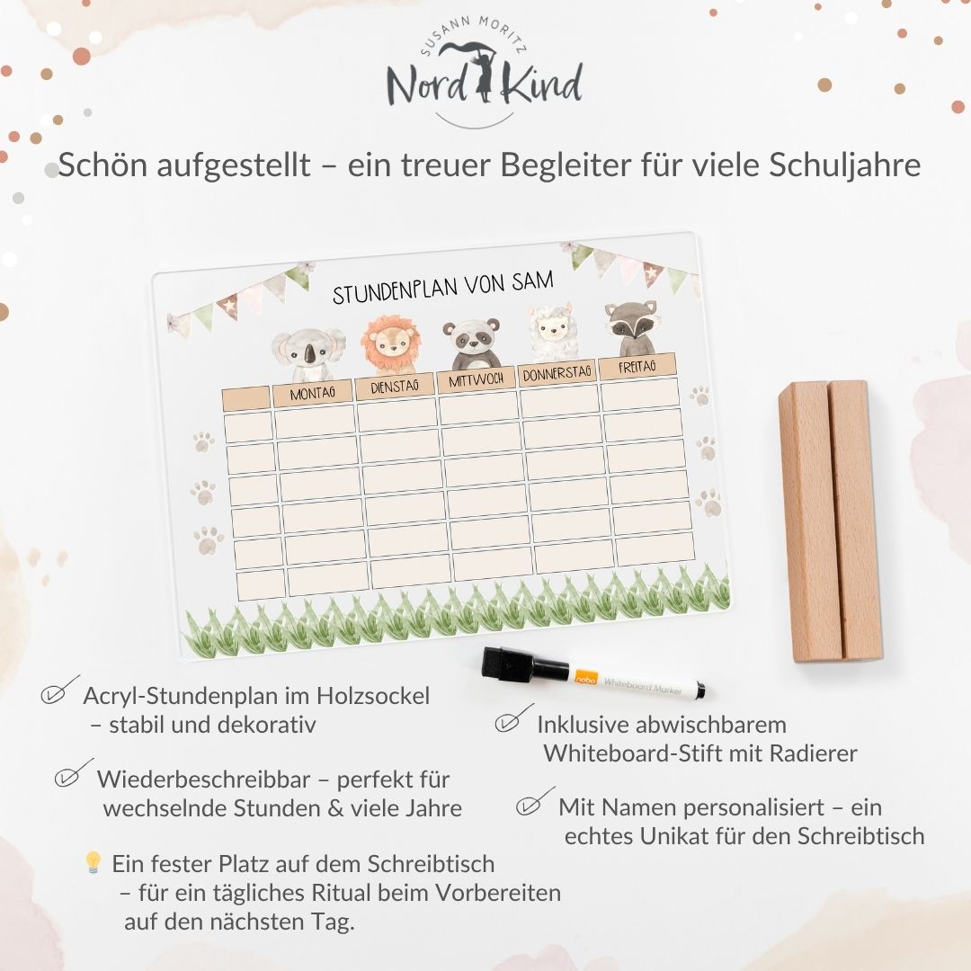 Stundenplan aus Acryl – personalisiert mit Namen (Tiere 2)