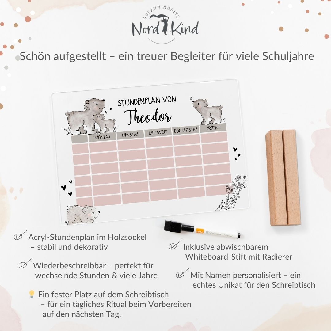 Stundenplan aus Acryl – personalisiert mit Namen (Bär 1)