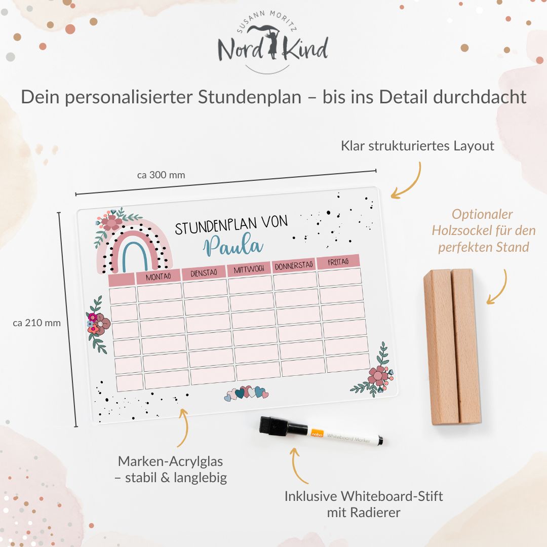 Stundenplan aus Acryl – personalisiert mit Namen (Regenbogen 1)