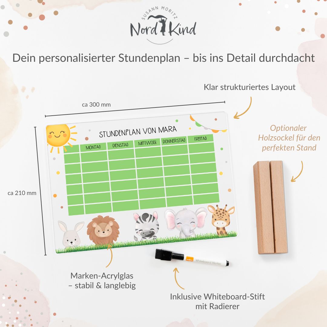 Stundenplan aus Acryl – personalisiert mit Namen (Tiere 1)