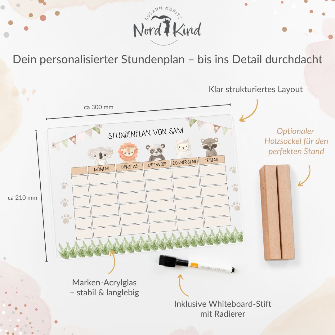 Stundenplan aus Acryl – personalisiert mit Namen (Tiere 2)